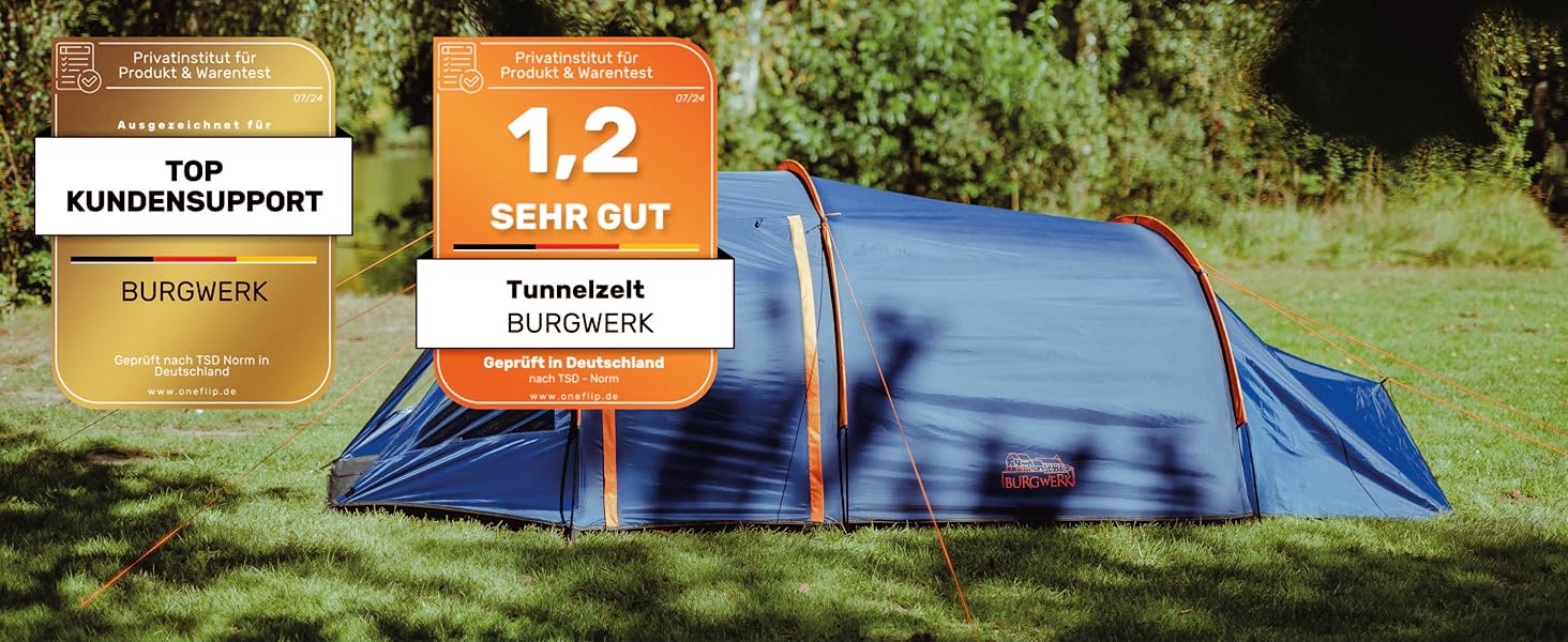 Намет туристичний Burgwerk Tunnelzelt для 3 осіб, водонепроникний, UV-захист 50+, міцний, для кемпінгу, сімейний, тунельний, синій
