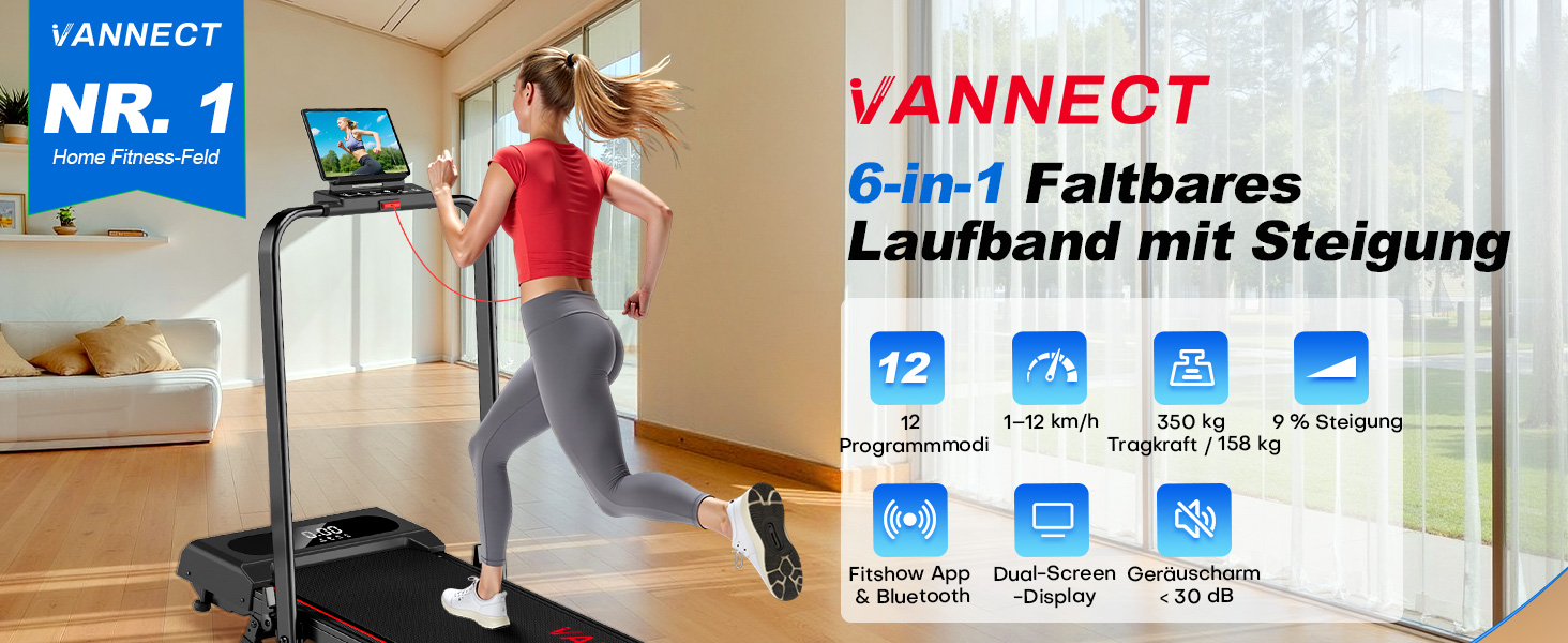 Vannect Walking Pad: Бігова доріжка для дому, 1-12 км/год, регулювання нахилу 9%, тихе, з LCD-дисплеєм, дистанційне керування + додаток, до 150 кг