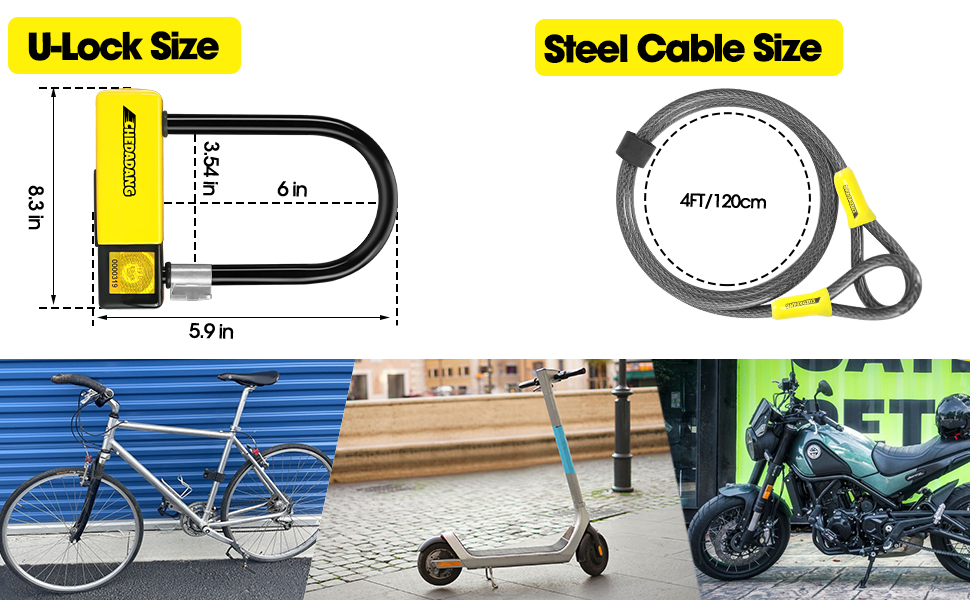 Замок U-Lock для електросамокатів та велосипедів, 1,2 м/10 мм кабель, 3 ключі, захист від крадіжок