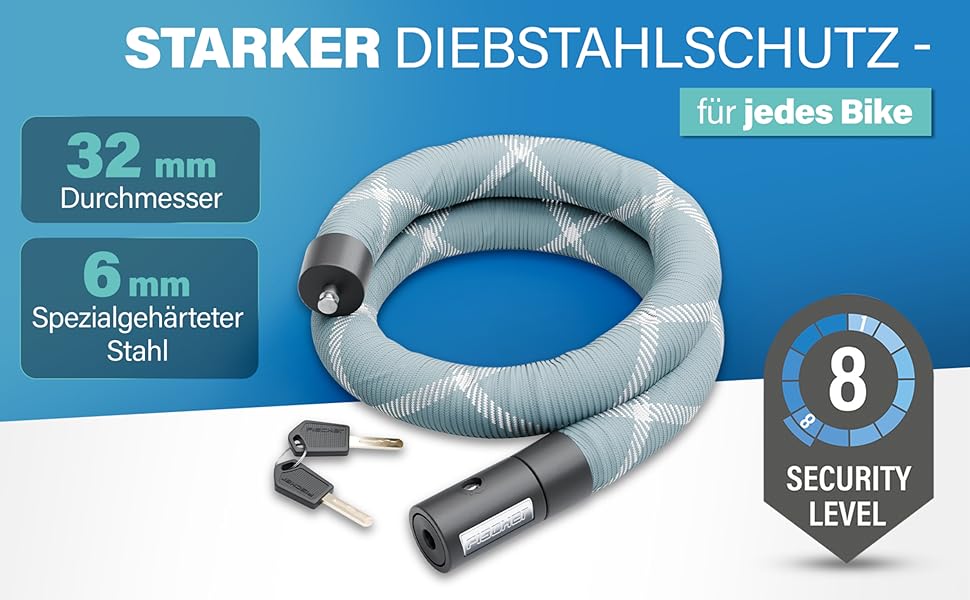Ланцюговий замок для велосипеда та електровелосипеда FISCHER PROTEC SK100, 100 см, чорний, зі світловідбиваючими нитками, 2 ключі