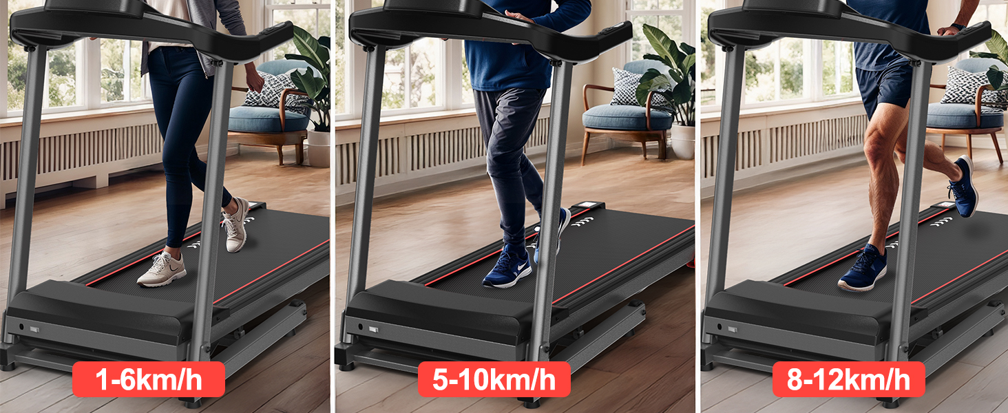 CharonFit T300: Складний біговий тренажер для дому з регулюванням нахилу до 12 км/год, 2.5 PS, вантажопідйомність 120 кг, сумісний з додатком, 2 роки гарантії, чорний
