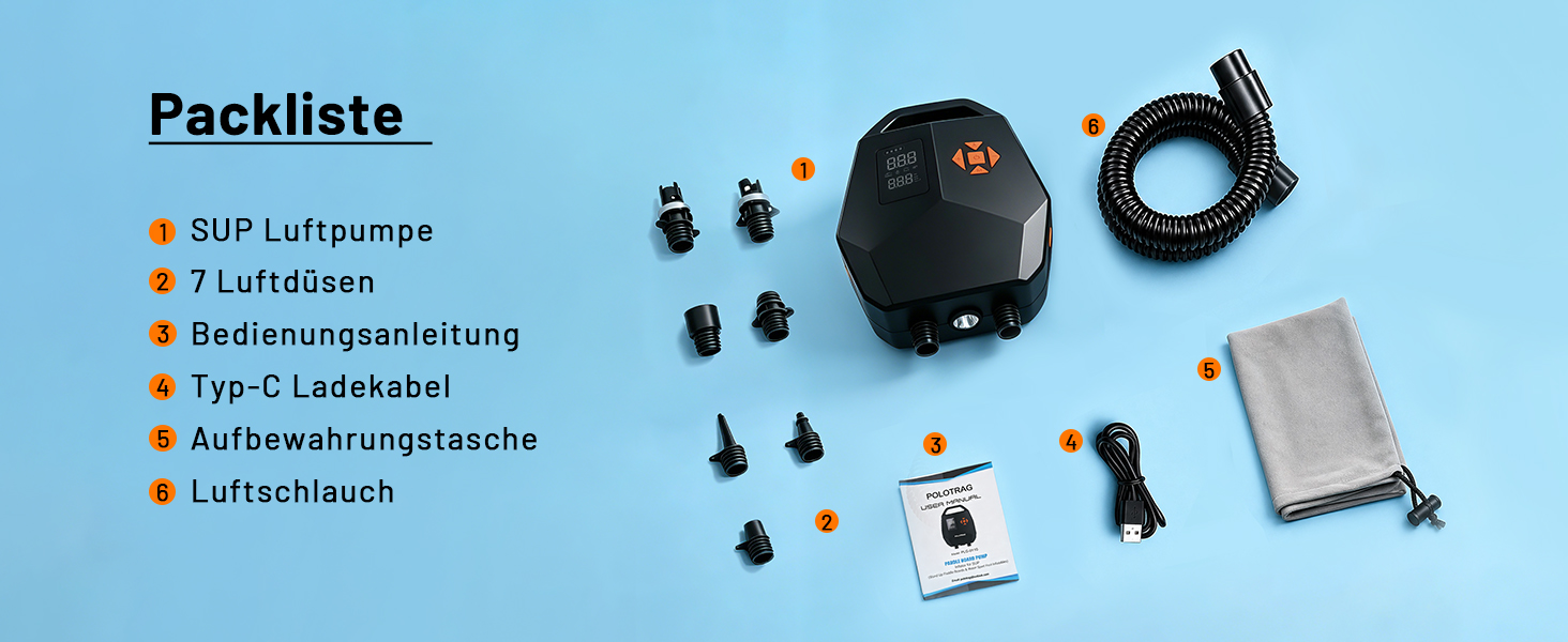 Електричний насос для SUP дошки з акумулятором 20PSI, Hochdruck, з автовимкненням та Type-C зарядкою