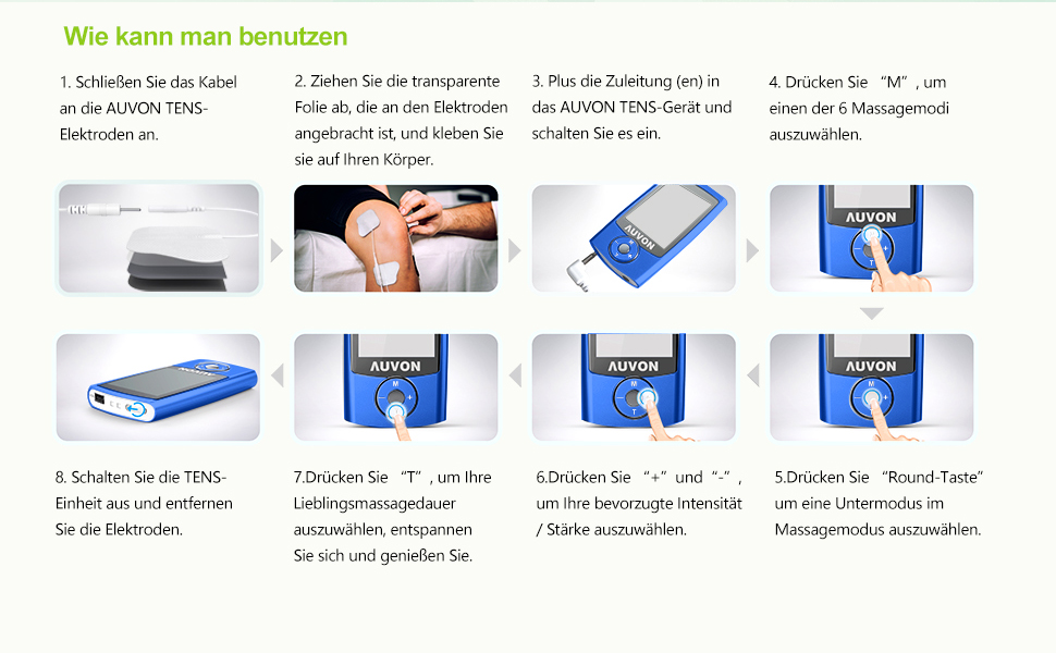 AUVON TENS Пристрій для електростимуляції, з 24 програми, 2 канали, 10 електродів, для зняття болю