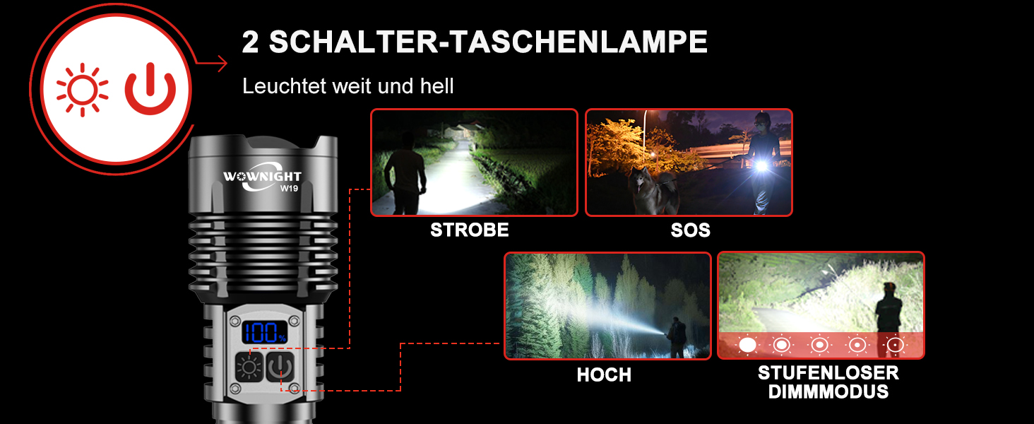 WOWNIGHT LED ліхтарик на акумуляторі 1000000 люмен, 2 режими, USB-C, тактичний, регулювання яскравості, налобний, для кемпінгу та надзвичайних ситуацій, чорний обсидіан