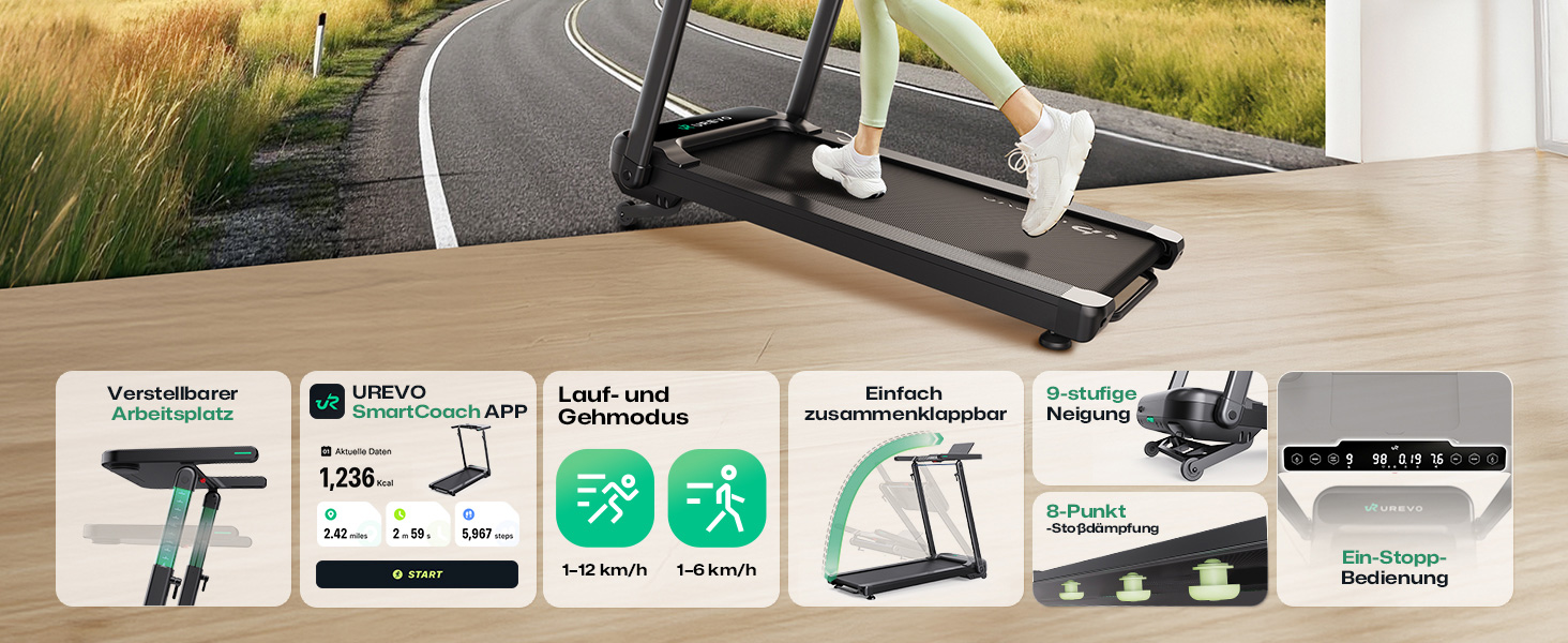 UREVO Складне бігове полотно для дому, Walking Pad з LED-дисплеєм, автоматичним нахилом до 9%, регульованим столом, керуванням через APP, тихе, до 120 кг, для домашнього офісу