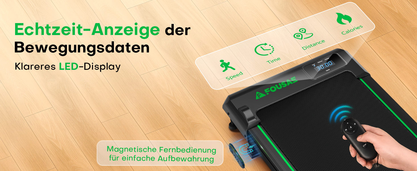 Walking Pad FOUSAE: Бігова доріжка для дому з регулюванням нахилу до 9%, LED-дисплеєм, пультом керування та мобільним додатком, 12 програм, до 150 кг, чорно-зелений