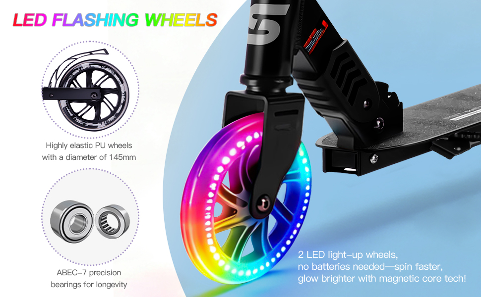 Самокат дитячий SUOTU з колесами 145 мм, до 100 кг, світлодіодами, складаний, регульована висота, для хлопчиків та дівчаток, алюмінієвий, чорний