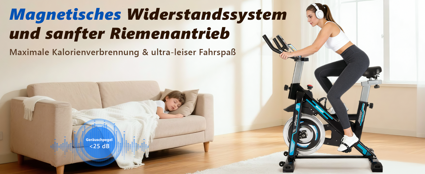 Велотренажер з магнітним опором - велотренажер з регульованим опором, тихий спінінг, висота регулюється, LCD-монітор, тримач для планшета, блакитний, великий