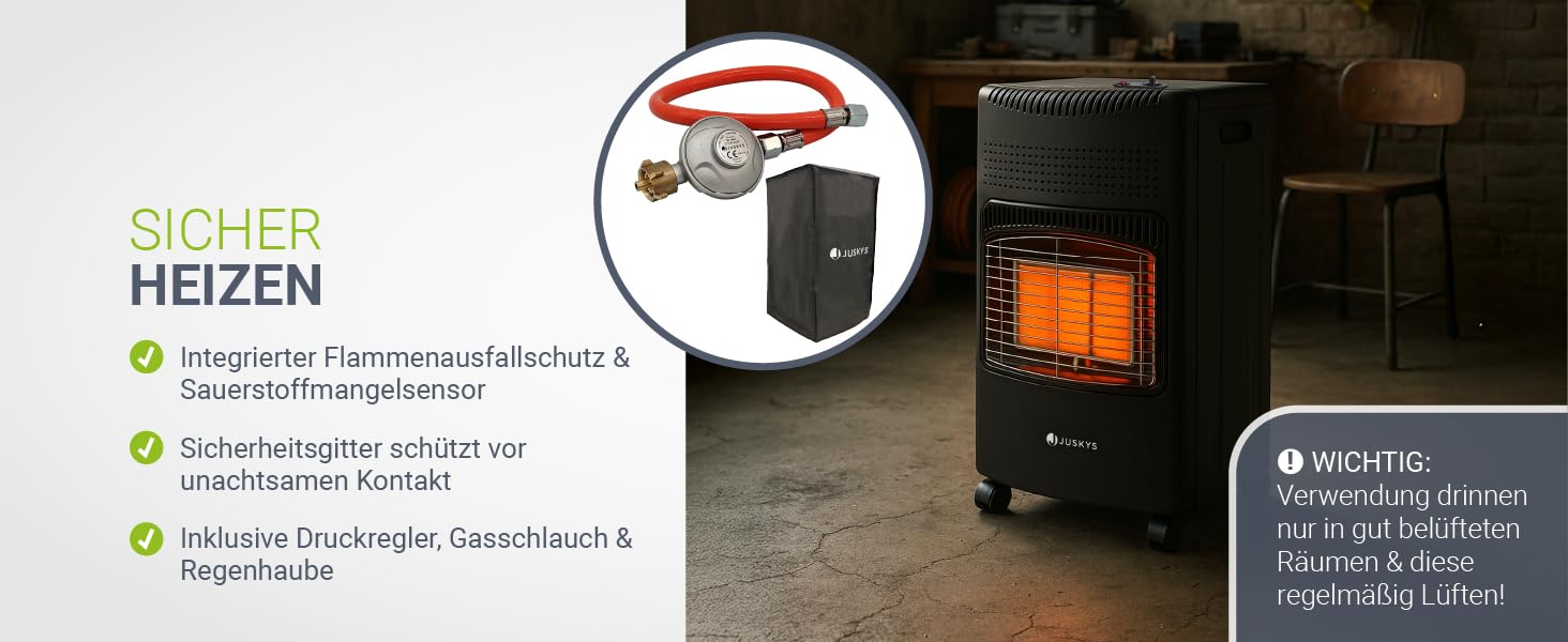 Газова обігрівач Juskys® GS42US чорного кольору - 4200 Вт з регулятором тиску та шлангом. Мобільний, ефективний та економічний газовий нагрівач/піч/обігрівач