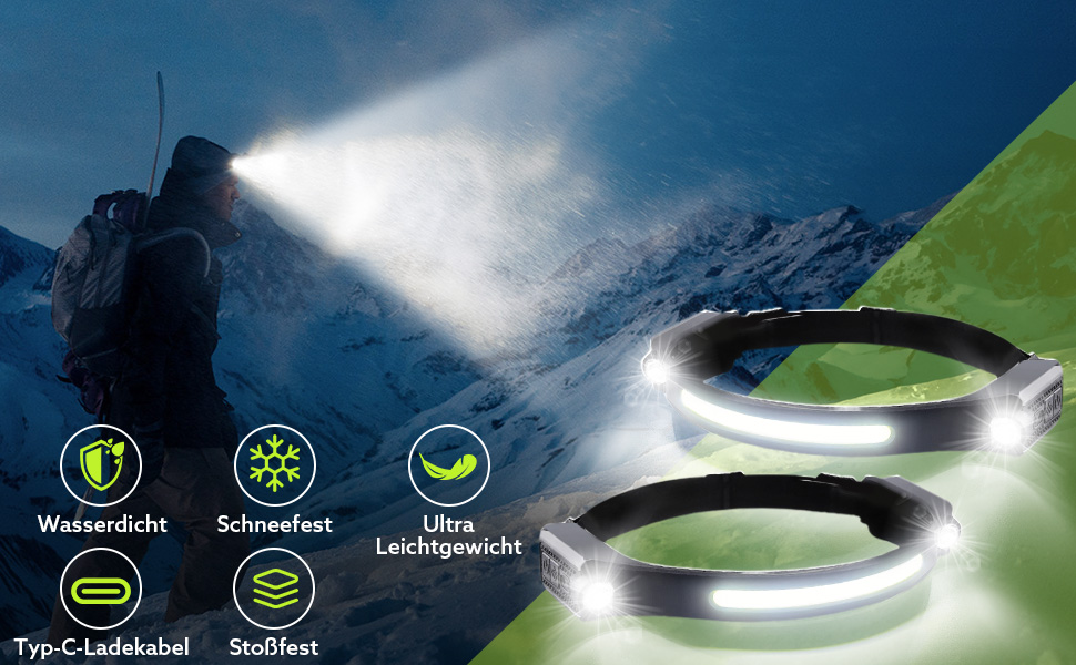 Ліхтар на голову LED перезаряджається, 1200 люмен, сенсор, 2 прожектори, 230°, COB, 5 режимів, 12 годин роботи, IPX4, водонепроникний, для бігу, кемпінгу, чорний