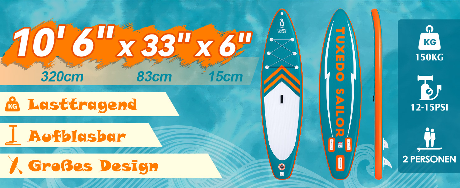 Надувний SUP борд Tuxedo Sailor Stand Up Paddle Board з аксесуарами, для дорослих та підлітків, блакитний та жовтий (зелений та помаранчевий)