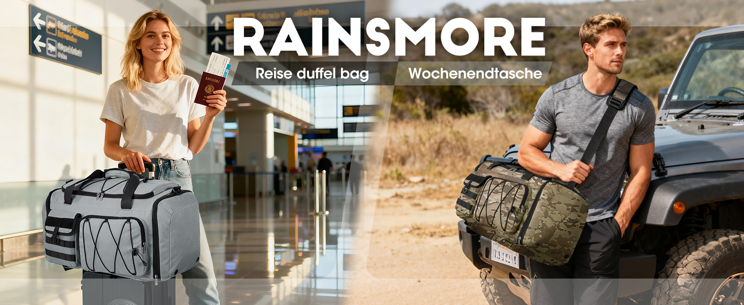 Спортивна сумка RAINSMORE 45L 3-в-1 для фітнесу та подорожей, водонепроникна дорожня сумка з відділенням для взуття та мокрих речей, чорна