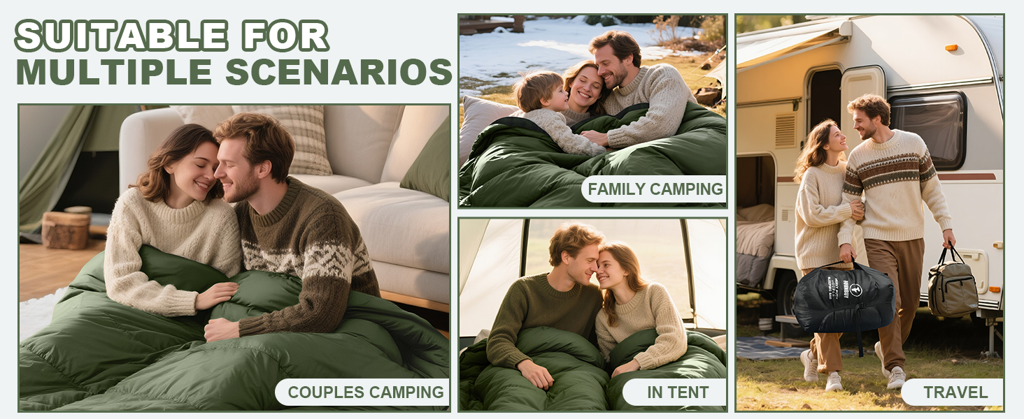 Спальний мішок Baumwolle для 2 осіб, зимовий, водонепроникний, теплий, розмір Queen, для кемпінгу та подорожей на автодомі (армійний зелений)