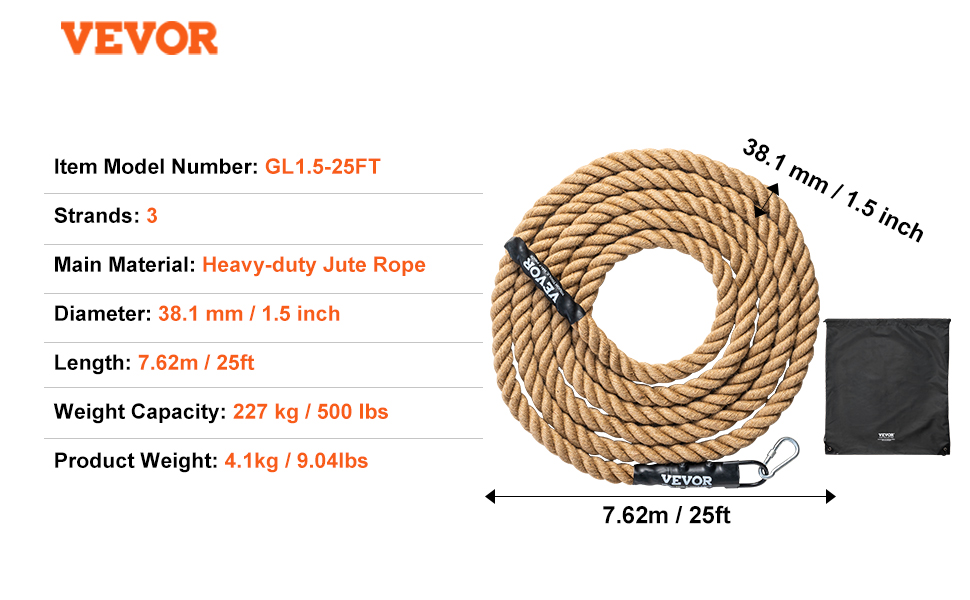 Мотузка VEVOR 7,6 м x 38 мм джут для фітнесу та тренувань