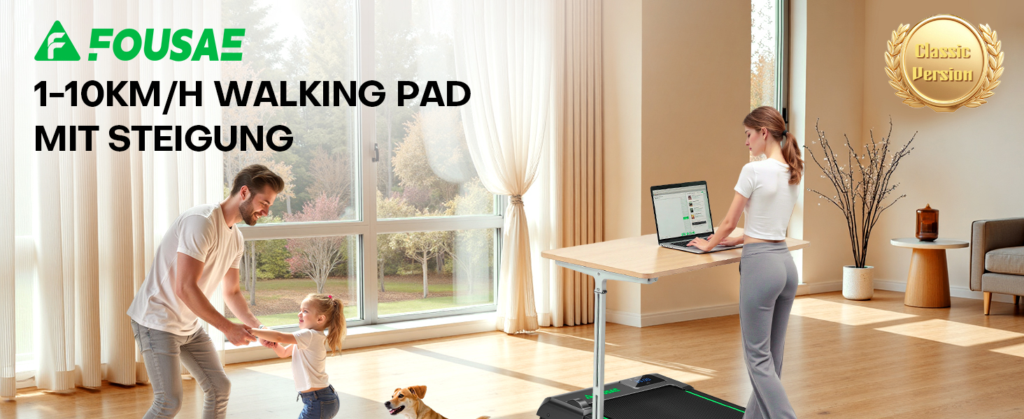 Walking Pad FOUSAE: Бігова доріжка для дому з регулюванням нахилу до 9%, LED-дисплеєм, пультом керування та мобільним додатком, 12 програм, до 150 кг, чорно-зелений