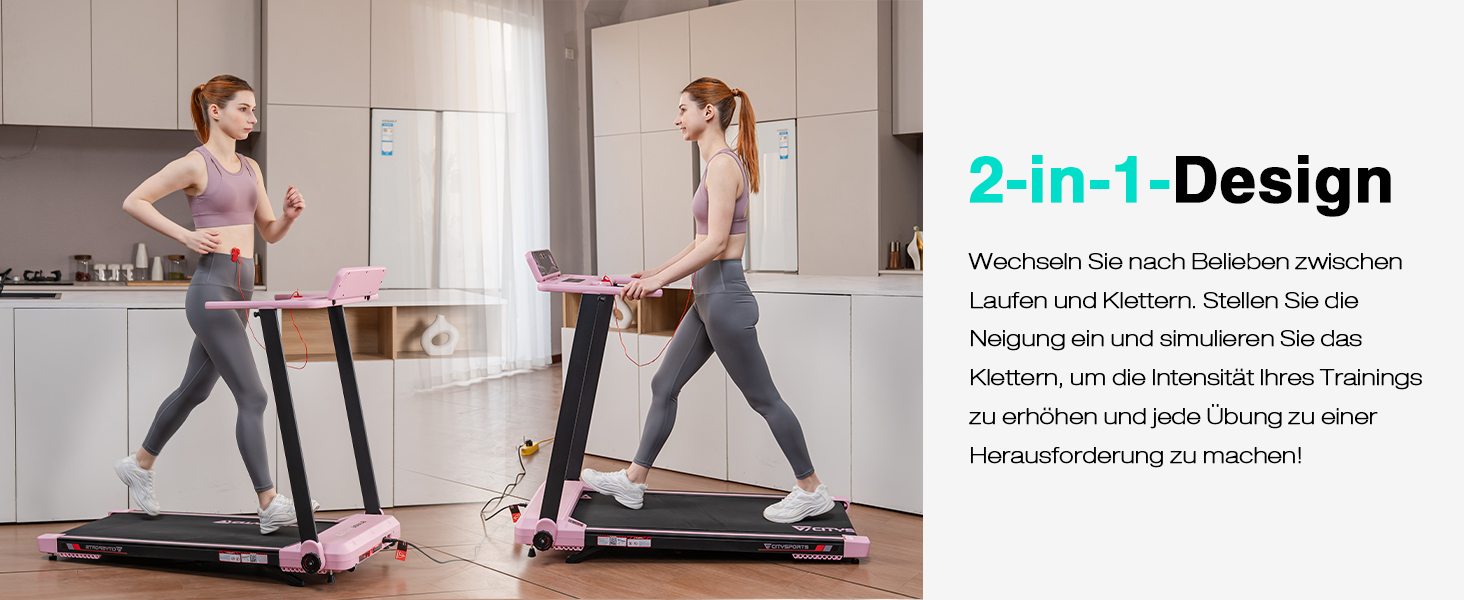 CITYSPORTS Електричний біговий тренажер, складаний, до 12 км/год, LED-дисплей, APP, тримач для планшета 360°, рожевий