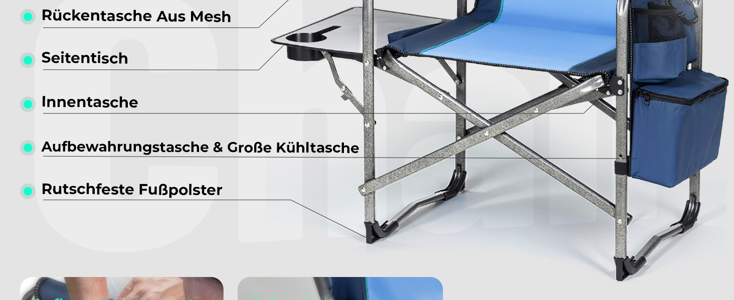 Крісло для кемпінгу OVERMONT: складне, з бічним столиком та сумкою-холодильником, до 180 кг, блакитне