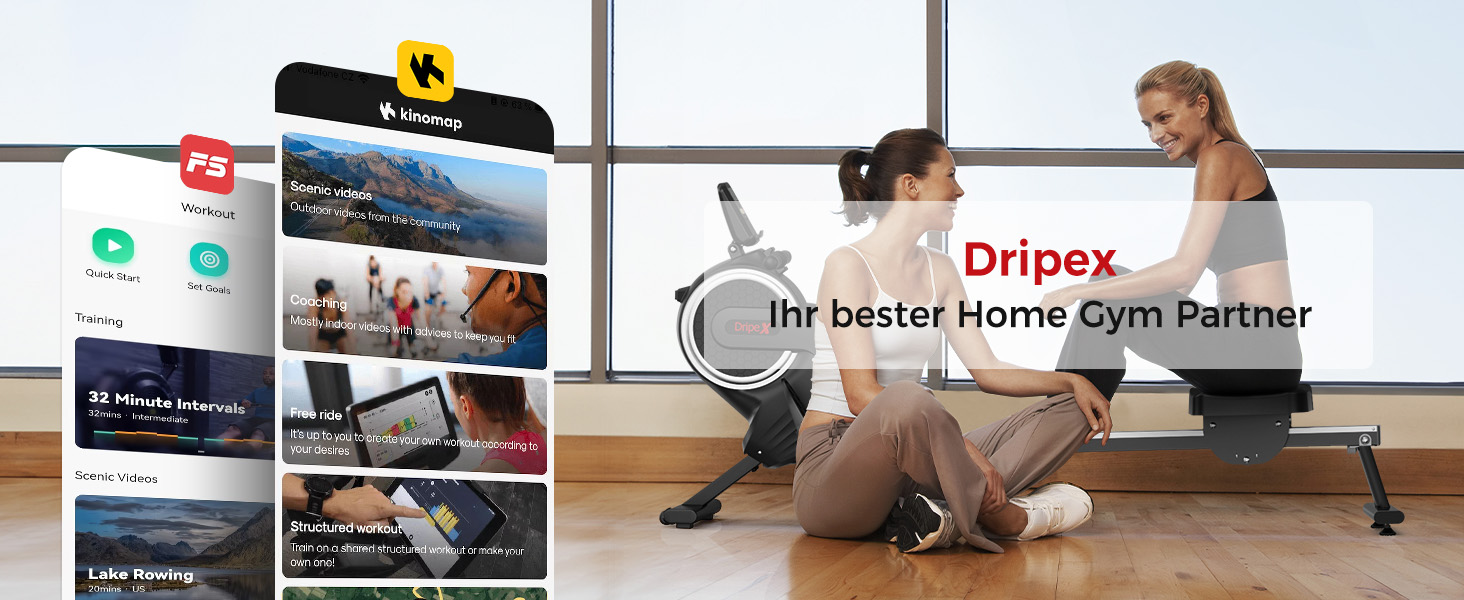 Дріпекс - тренажер для дому, бігова доріжка для веслування, до 160 кг, 16 рівнів опору, Bluetooth, LCD, тихий, чорний