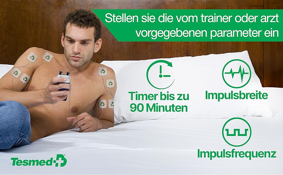 Електростимулятор м'язів TESMED Fit: EMS, TENS, масаж (3 в 1), 22 програми, 6 налаштовуються, для зняття болю та стимуляції м'язів живота, сідниць та грудей. Комплект з 8 електродів.