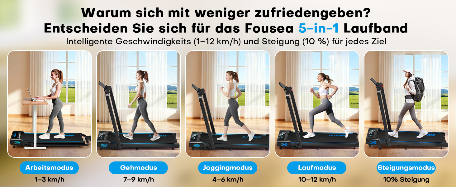 Біговий тренажер для дому 5-в-1, 12 км/год, складаний, з підйомом 9%, 2.75HP безщітковий мотор, LED-дисплей, сумісність з додатком, 12 програм, чорно-синій, 5-в-1