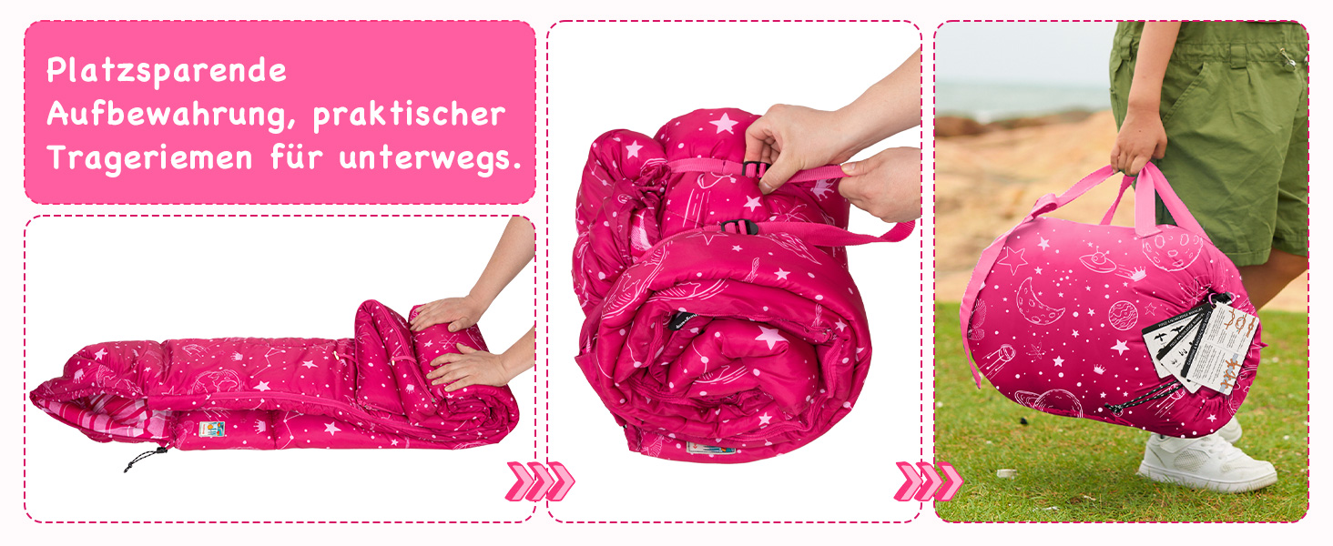 Спальний мішок KingCamp для дітей, фланелевий, легкий, водонепроникний, компактний, зимовий, 4 сезони, для кемпінгу, підходить для дітей до 140 см, комфортна температура: 7°C, рожевий, регульована довжина