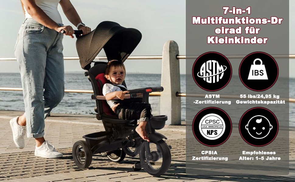 Дитяче трьохколісне велосипед UBRAVOO 7-в-1, для дітей від 6 місяців до 5 років, з фарами, педальним гальмом, розширеним козирком, знімним захистом, прогулочний візок з функцією ходьби та кермування, чорний