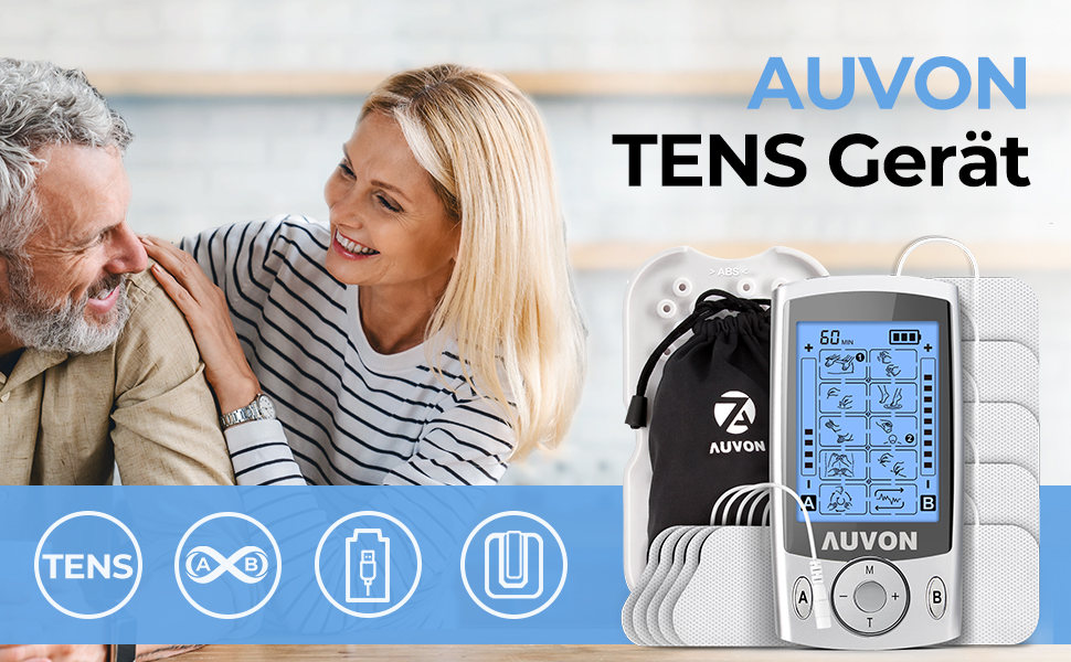Пристрій TENS AUVON: 2 канали, 20 програм, 10 електродів для зняття болю в спині, шиї, плечі, нозі