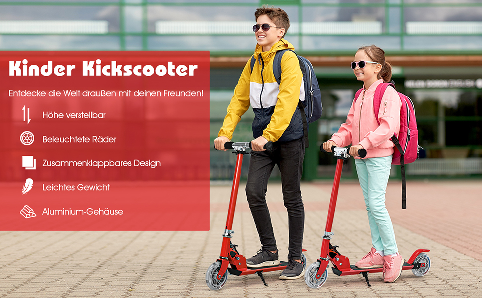 Дитячий ролер Costway з LED-колесами, для дітей від 4 років, до 70 кг, регульована висота, ролер-кіксктер для хлопчиків та дівчаток (червоний)