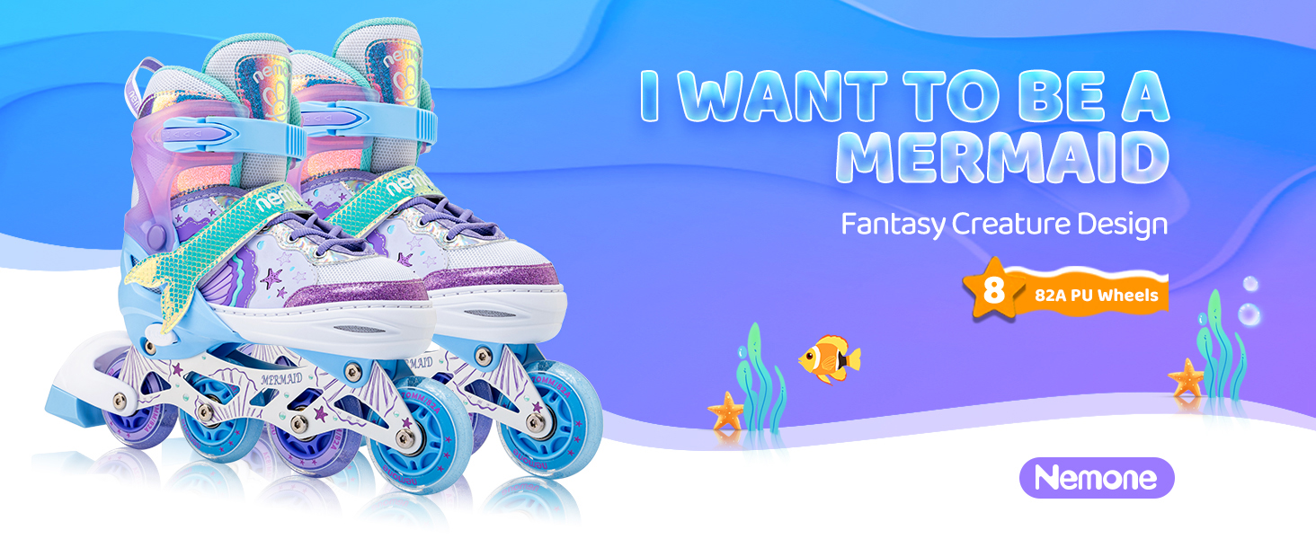 Інлайнери NEMONE для дівчаток, 4 розміри, регульовані, блакитний/фіолетовий, для дому та вулиці, розмір 37-39 EU, модель 'Морська русалка'