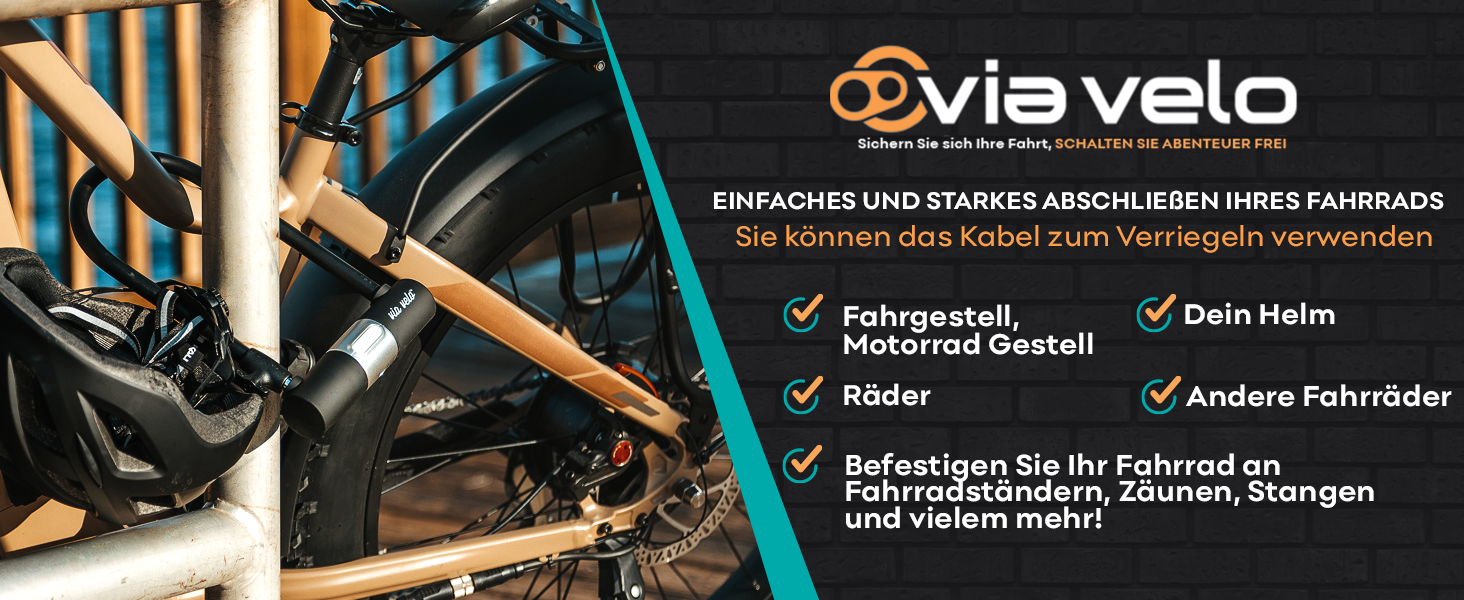 Блокиратор велосипедів Via Velo з кабелем, 14 мм дуга, 1,8 м кабель та кріплення – замок для електровелосипеда, шосе, MTB та складаного велосипеда, чорний