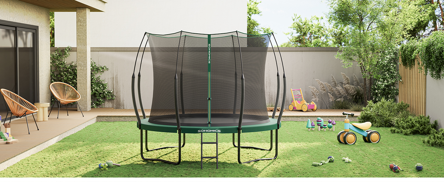 Трамплін SONGMICS Federloses Ø 244/305/366 см, Outdoor для дітей, з сіткою, склопластикові стійки, безпечний, тихий, зелений