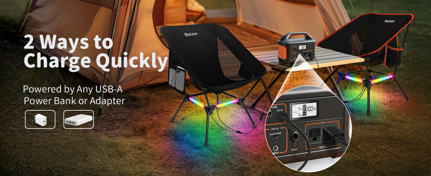 Складний туристичний стілець BeLeEv з кишенями, чорний. Легкий, компактний для кемпінгу, риболовлі, відпочинку на природі.