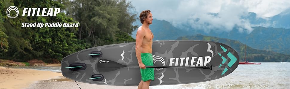 Надувний SUP-борд Fitleap Premium Stand Up Paddle Board - комплект з насосом, веслом та рюкзаком. Ідеально для початківців та професіоналів, для йоги, серфінгу та водного спорту (сірий, 2 особи)