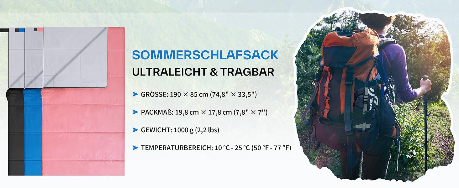 Сплячий мішок Sportneer 190x85 см: літній, легкий, водонепроникний, для кемпінгу, походів, подорожей, чорний