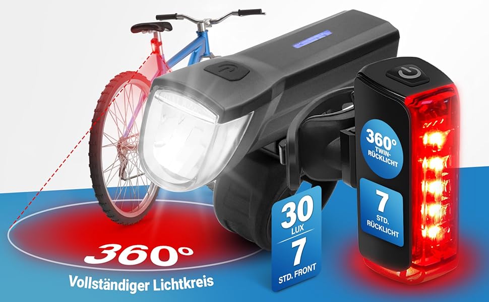 Велосипедний ліхтар FISCHER Twin Set: 360° підсвічування, LED, 30 Lux, USB-C, акумуляторний, для передньої та задньої частини велосипеда