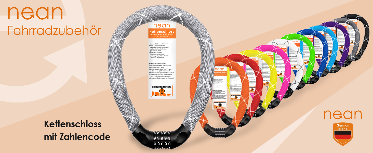 Надійне велозамок Nean з кодом, 6x6x900 мм, сталевий ланцюг, тканинне покриття, висока безпека