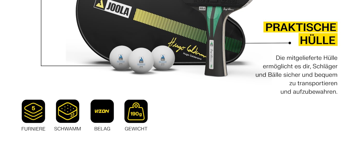 Ракетка для настільного тенісу JOOLA Hugo Calderano Carbon з м'ячами та чохлом, ITTF, чорно-зелена