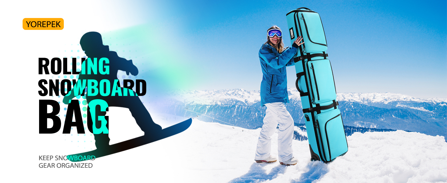 Чохол для сноуборду YOREPEK з колесами, водонепроникний, з 6 кишенями для сноуборду та лиж, розширюваний, 170 см, для подорожей літаком (Світло-блакитний)
