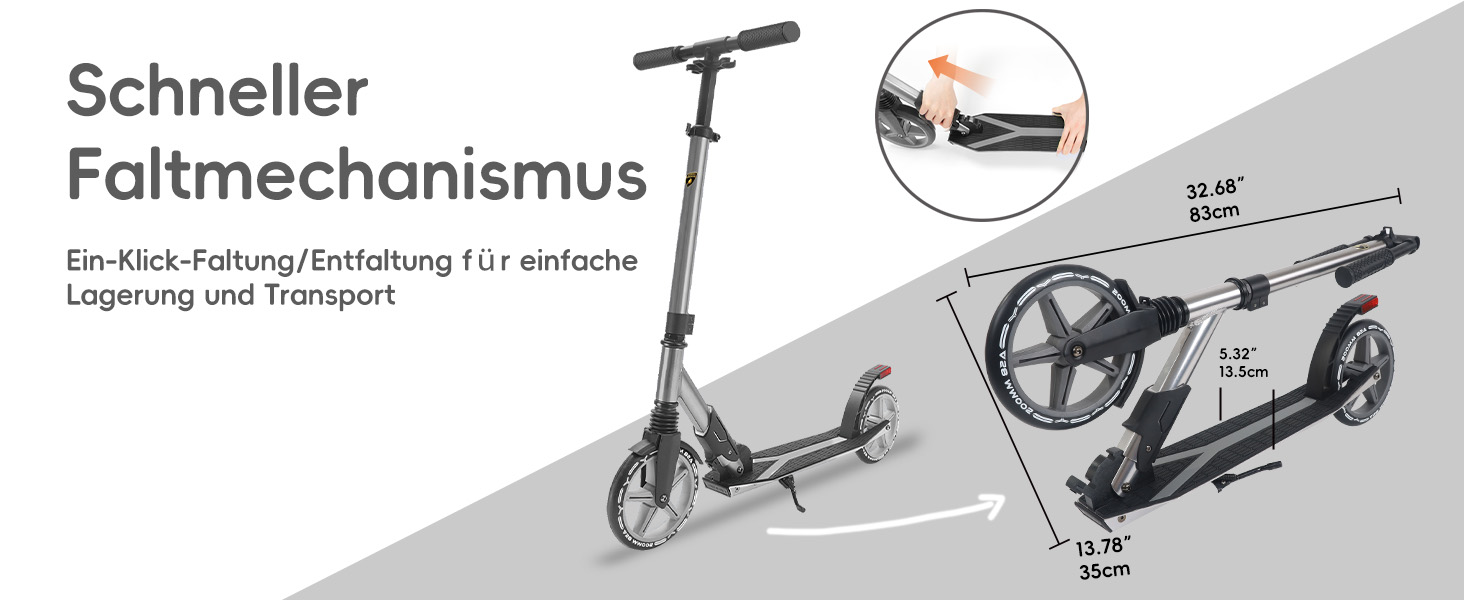 Скутер Lamborghini Tretroller Cityroller з великим колесом, складний, регульована висота, для дорослих та дітей, з підставкою, передньою амортизацією та гальмом на задньому колесі, до 100 кг (Сірий)