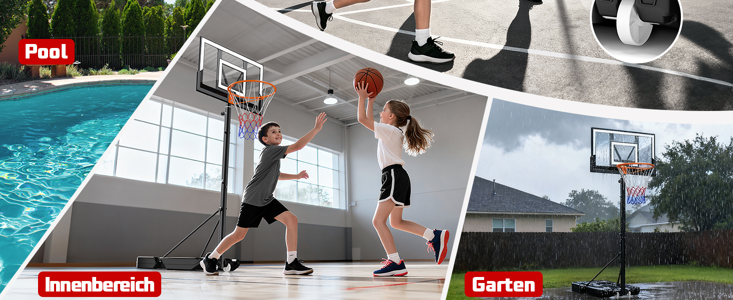 Баскетбольне кільце вуличне з підставкою, регульована висота 100-305 см, міцна задня дошка, сітка для дітей та дорослих