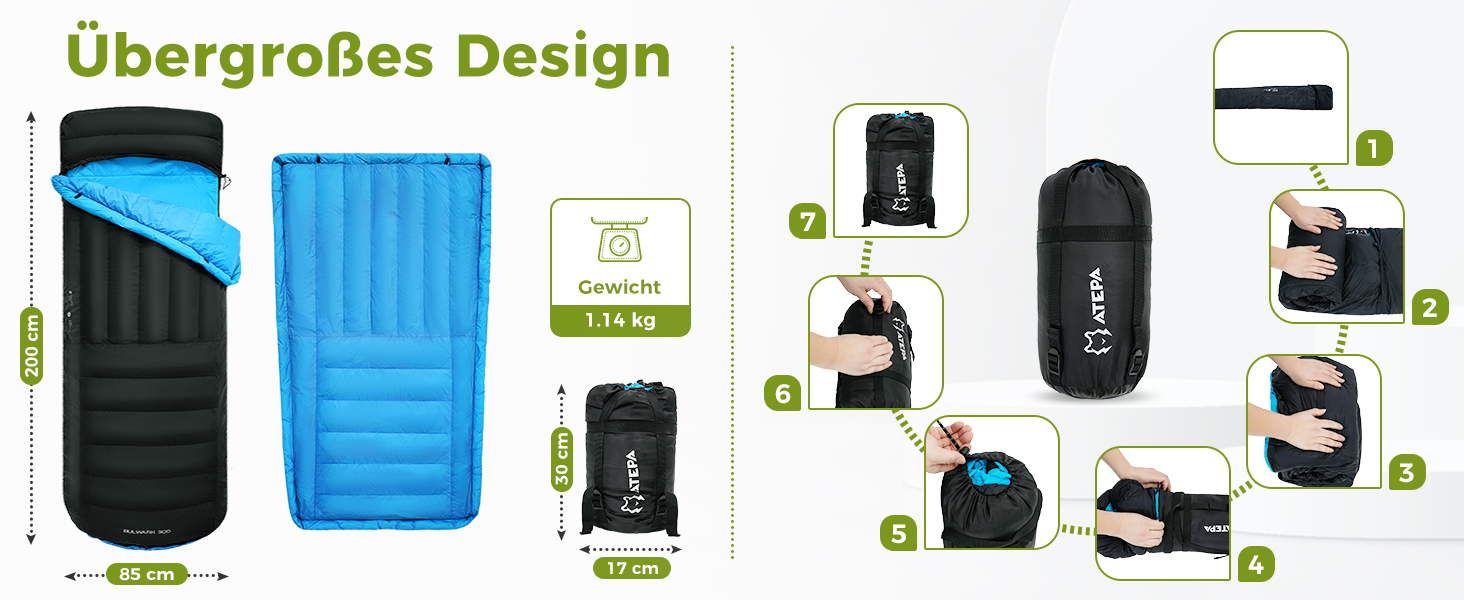 Спальний мішок ATEPA Ultraleicht Daunenschlafsack: Легкий, компактний, 3-сезонний (12°C/6°C/-1°C), водонепроникний, для кемпінгу, походів, трекінгу та рюкзакових подорожей, з компресійним мішком ThermaCore, чорний