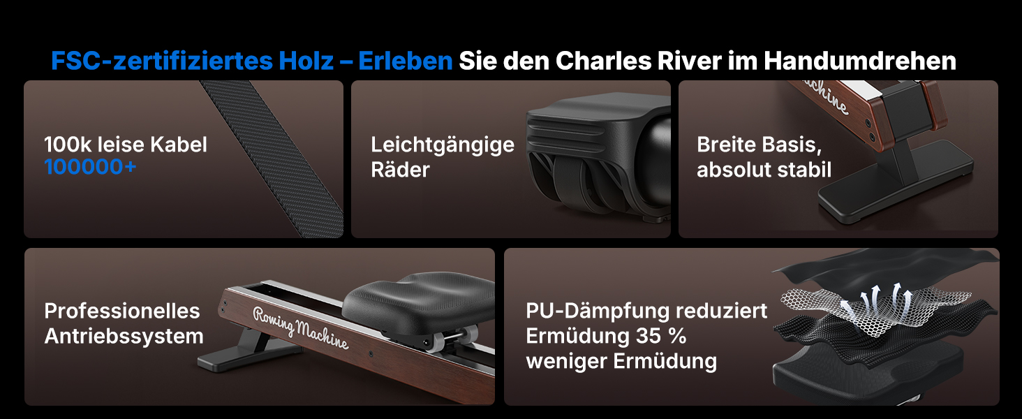 Гребний тренажер MERACH для дому з магнітним опором 60 кг, автоматичною регулюванням, LED-дисплеєм та подвійними дерев'яними рейками (R21)