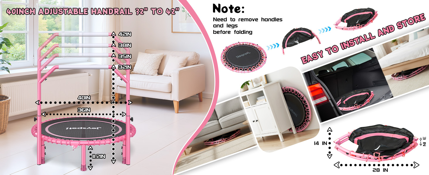 Міні-батут для фітнесу JOY SPOT! Ø102 см, складний, з пружинами та регульованою ручкою, вантажопідйомність 204 кг, для дому та вулиці, з скакалкою