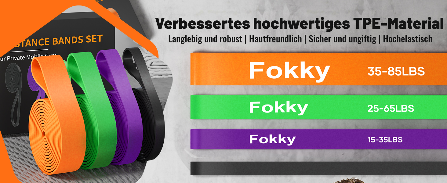 Набір еластичних стрічок Fokky для фітнесу, 4 рівні, з дверним кріпленням та захисними подушечками, для силових тренувань, чорний, фіолетовий, зелений, помаранчевий