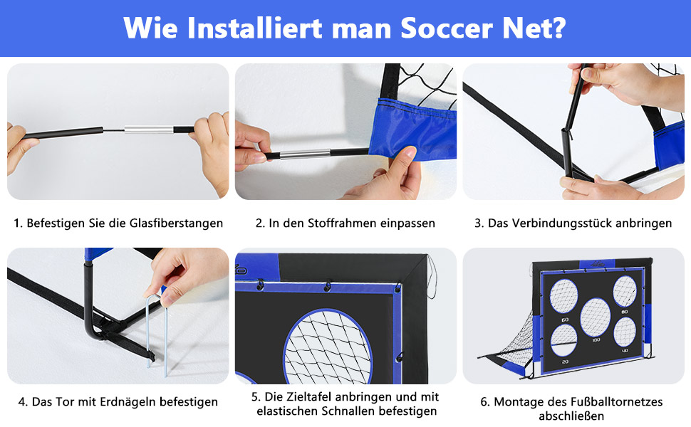 Ворота для футболу MoKo для саду, 150x120 см, велика розкладна сітка з мішенню, портативне обладнання для дитячих футбольних тренувань, спортивна гра на відкритому повітрі (Чорний+Синій)