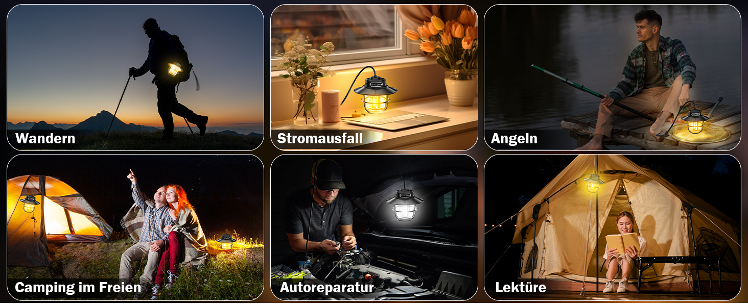 LED кемпінговий ліхтар: портативна налобний ліхтар для кемпінгу, риболовлі, з 4 режимами освітлення, регулюванням яскравості, водонепроникний (IP65), USB-зарядка, чорний