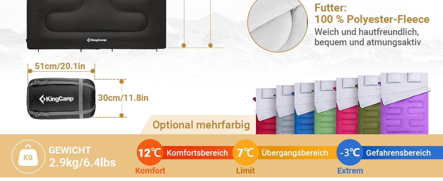 Сплячий мішок KingCamp для двох осіб, зимовий, чорний, для кемпінгу та відпочинку на природі
