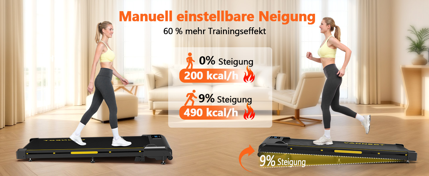 Walking Pad VANNECT - компактний біговий тренажер для дому з регулюванням нахилу, LED-дисплеєм та пультом керування. Максимальне навантаження 150 кг, потужність 2.75HP, жовтий. Без збирання.