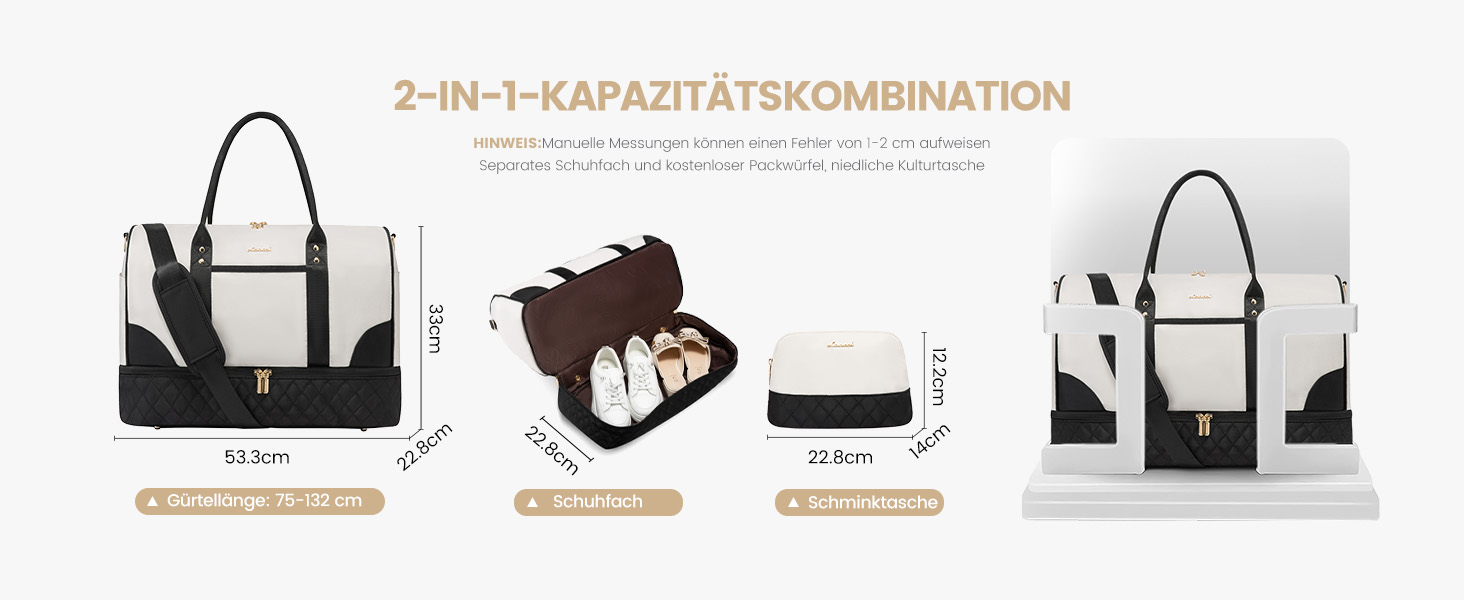 Сумка-мішок LOVEVOOK для жінок: дорожня, спортивна, з відділенням для взуття та мокрих речей, 2 шт. (35л, бежевий/чорний)