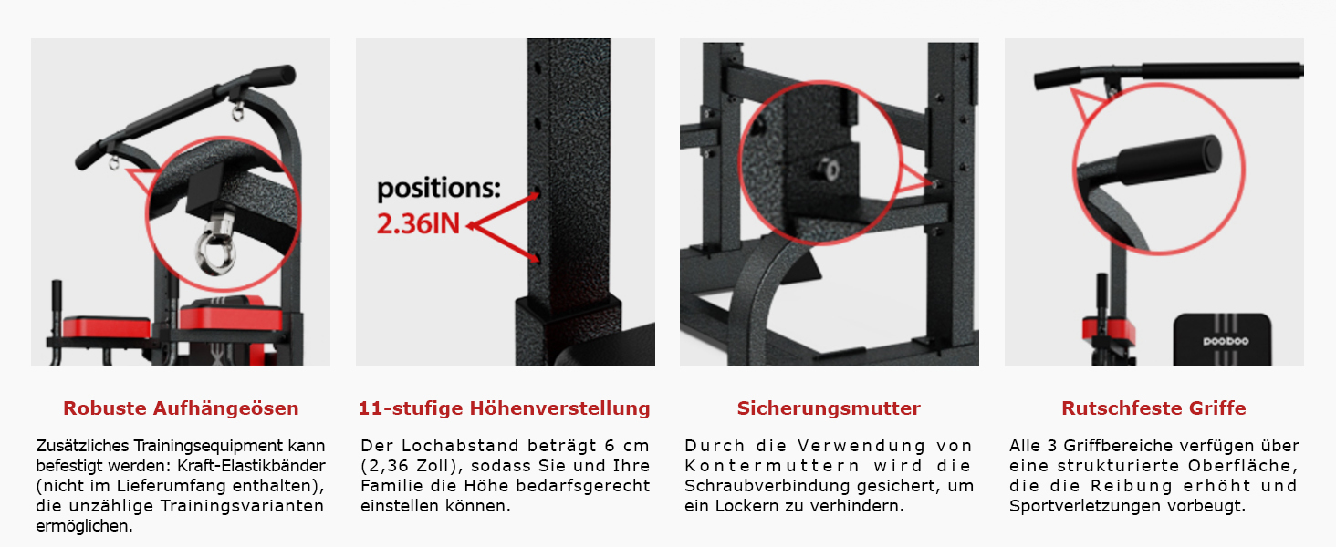 Силовий комплекс Pooboo Power Tower: багатофункціональний турнік з брусами для дому, 11 рівнів регулювання висоти, еластичні стрічки, чорний